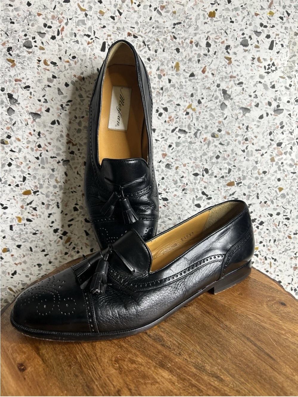 MEZLAN Havana Black 8.5 M Men Cap-Toe Tassel Leather Loafers Shoes Spain